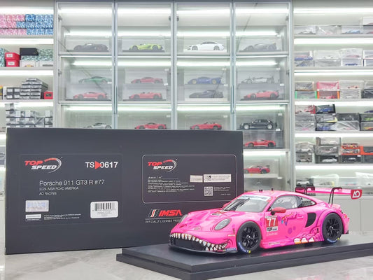 Topspeed 1/18 Porsche 911 GT3 R #77 AO Racing 2024 IMSA Road America, Pink Dinosaur Livery, TS0617