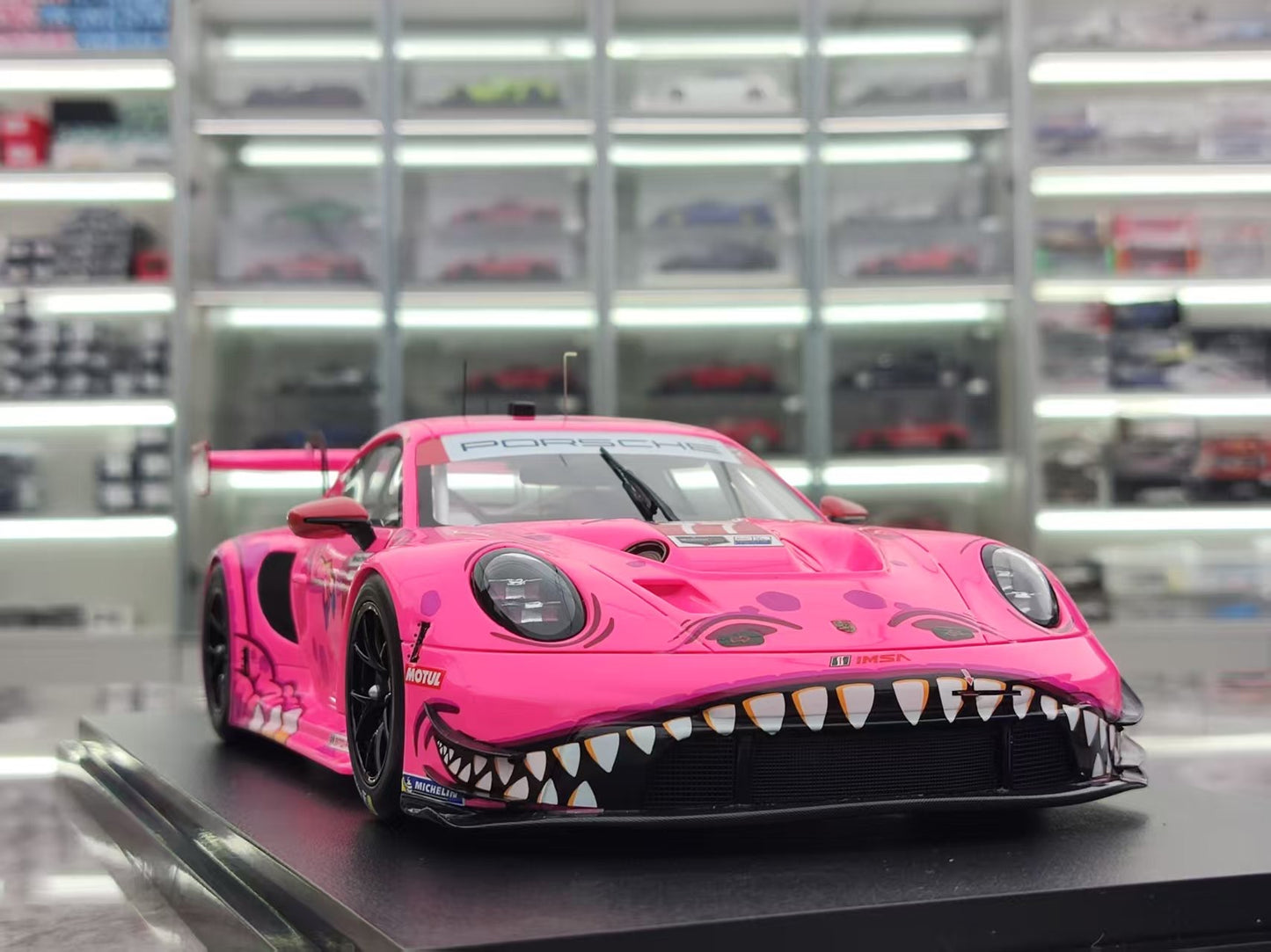 Topspeed 1/18 Porsche 911 GT3 R #77 AO Racing 2024 IMSA Road America, Pink Dinosaur Livery, TS0617