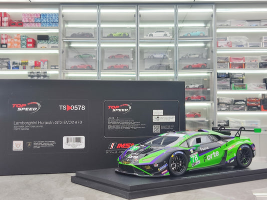 TOPSPEED 1/18 Lamborghini Huracan GT3 EVO2 #78 Forte Racing 2024 green livery simulation model car TS0578