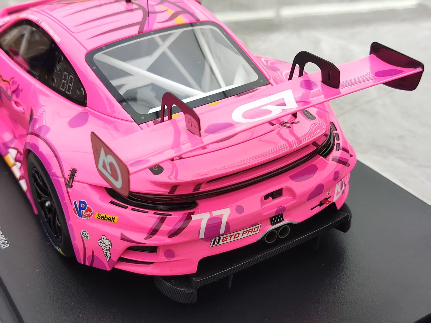 Topspeed 1/18 Porsche 911 GT3 R #77 AO Racing 2024 IMSA Road America, Pink Dinosaur Livery, TS0617