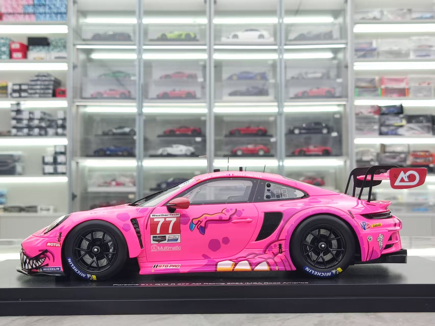 Topspeed 1/18 Porsche 911 GT3 R #77 AO Racing 2024 IMSA Road America, Pink Dinosaur Livery, TS0617