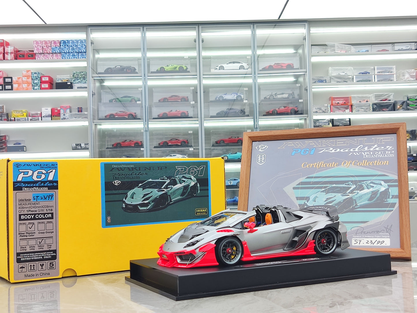 Dreamwalkers 1/18 Lamborghini Awakenup-P61 Arĝent-Elektrokovrita Limigita Eldono Modelaŭto A-D61-ST02