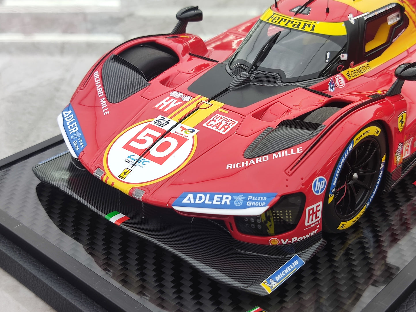 BBR 1/18 Ferrari 499P Car N.50 Winner Le Mans - Carbon Base, Red-Yellow Paint Scheme, Simulation Model Car P18252ACH1