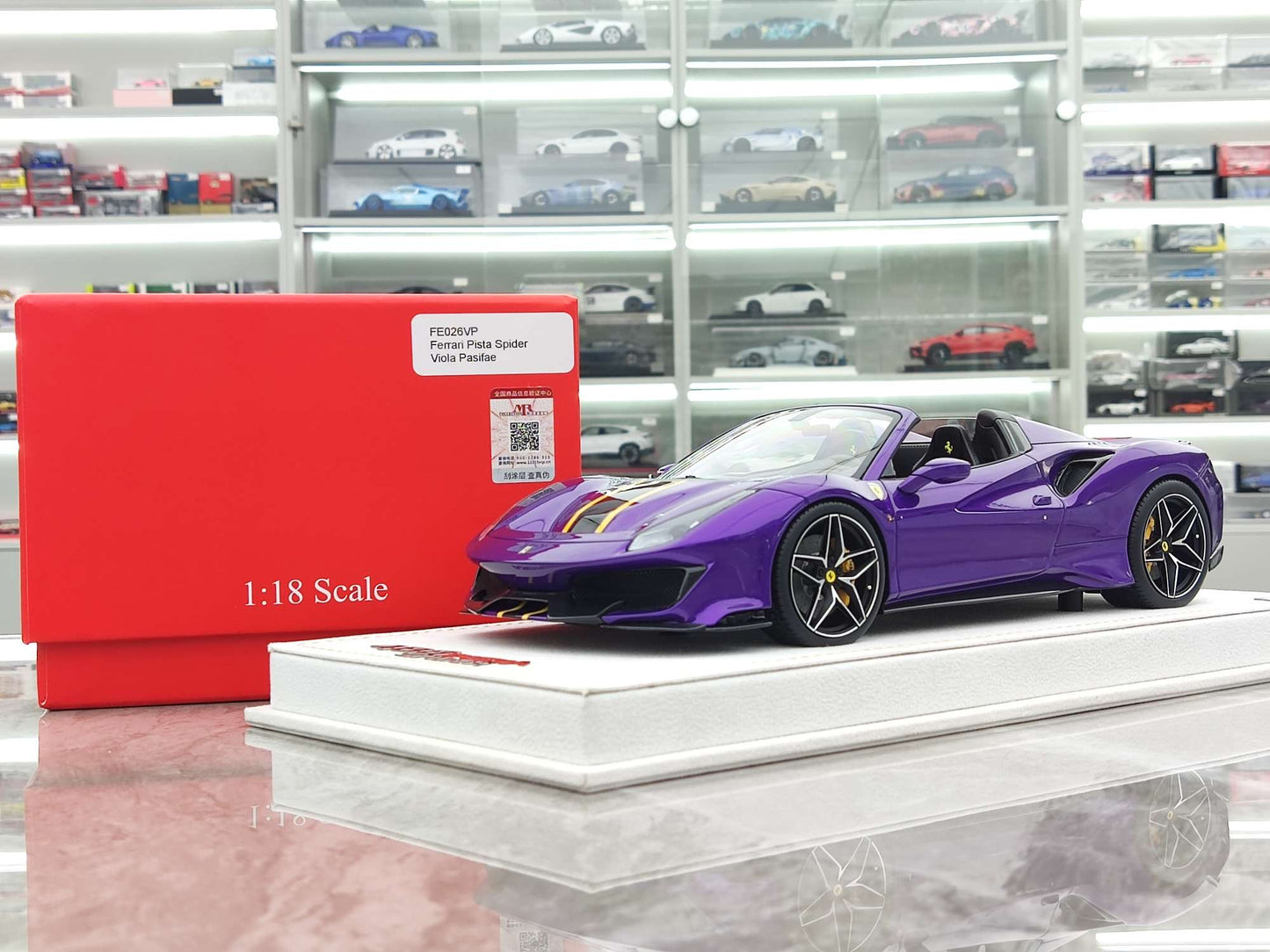MR 1/18 Ferrari 488 Pista Spider Special Edition – Metallic Purple with Yellow & Black Livery (FE026VP)