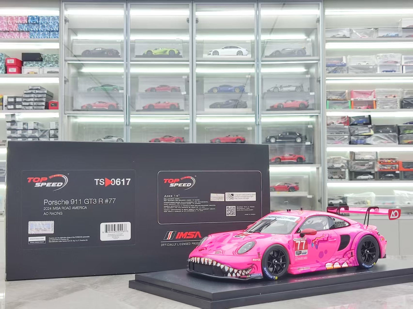 Topspeed 1/18 Porsche 911 GT3 R #77 AO Racing 2024 IMSA Road America, Pink Dinosaur Livery, TS0617