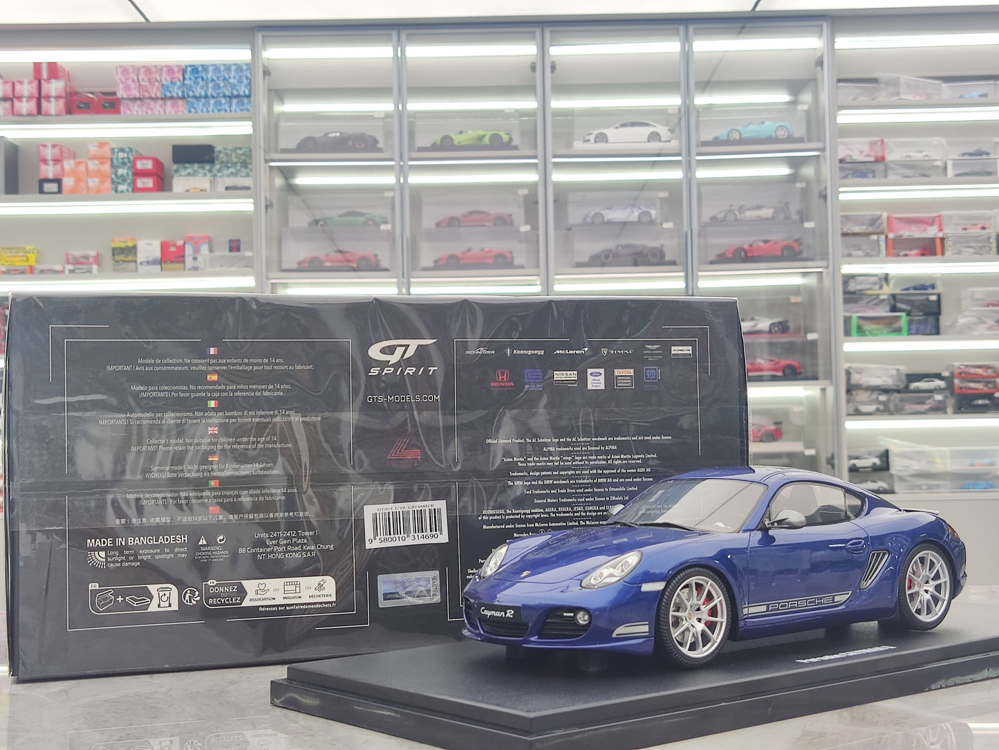GT Spirit 1/18 Porsche CAYMAN R AKVA Metala Blua Simulada Modelaŭto GT901