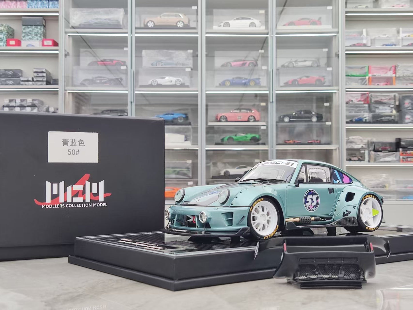 MCM 1/18 Porsche RWB 964 heavily modified, blue and cyan limited edition car model MCM021
