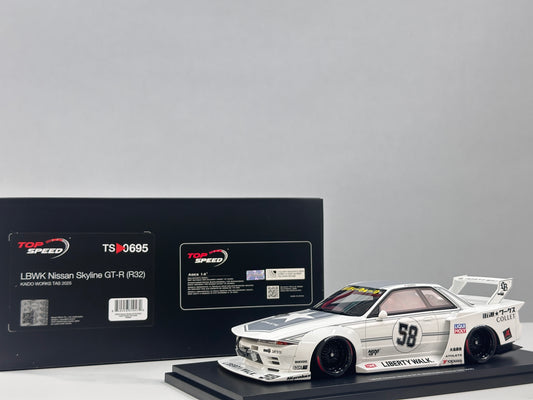 TOPSPEED 1/18 Nissan GT-R R32 Kaido Works TAS 2025 Blanco TS0695