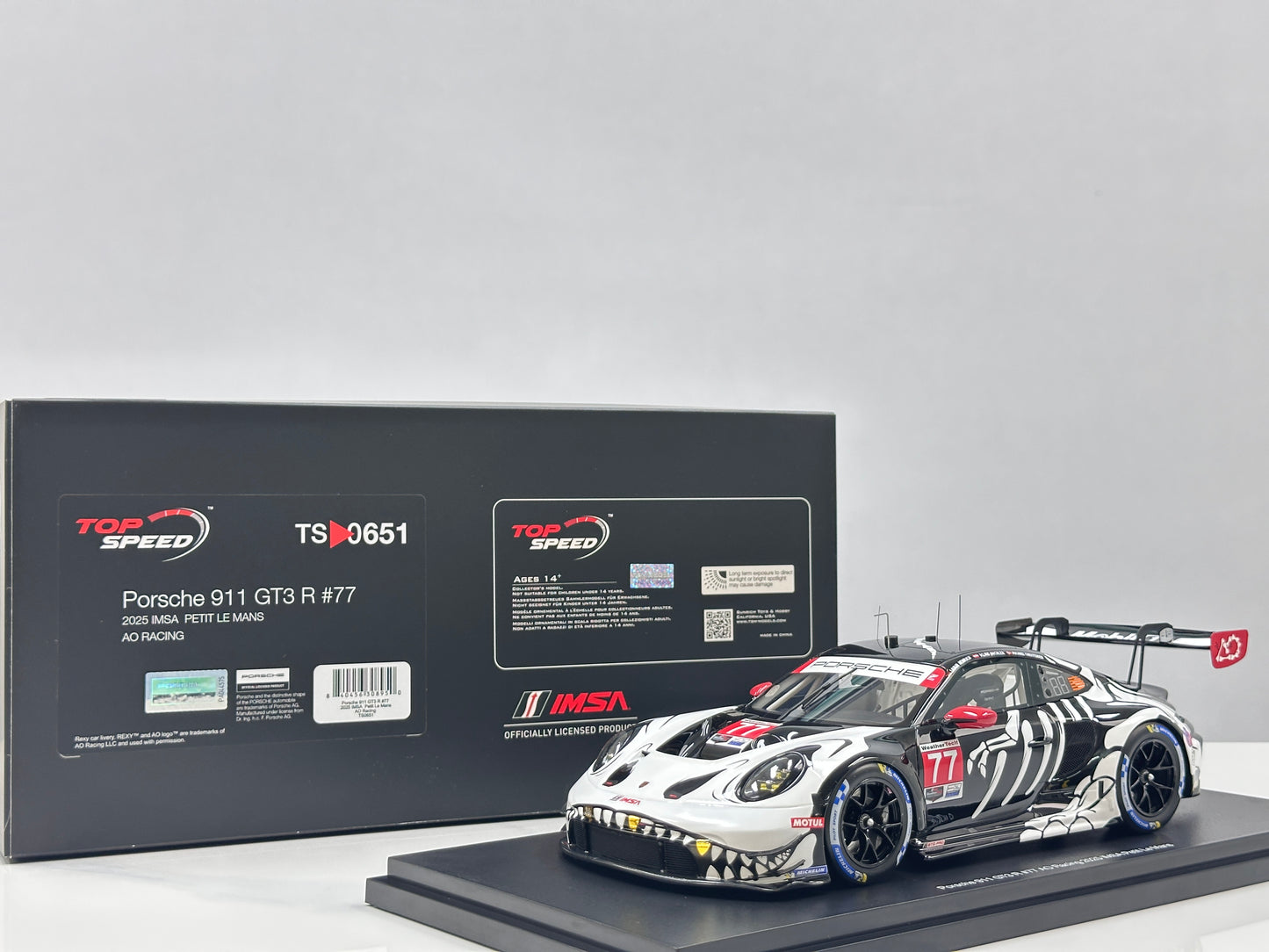Topspeed 1/18 Porsche 911 GT3 R #77 AO Racing 2025 IMSA Petit Le Mans Skeleton Dragon Livery TS0651