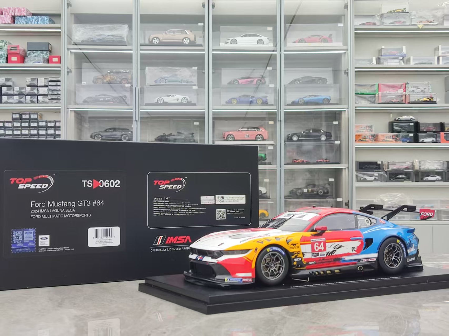 Topspeed 1/18 Ford Mustang GT3 #64 Ford Multimatic Motorsports 2024 White/Blue/Red Livery TS0602