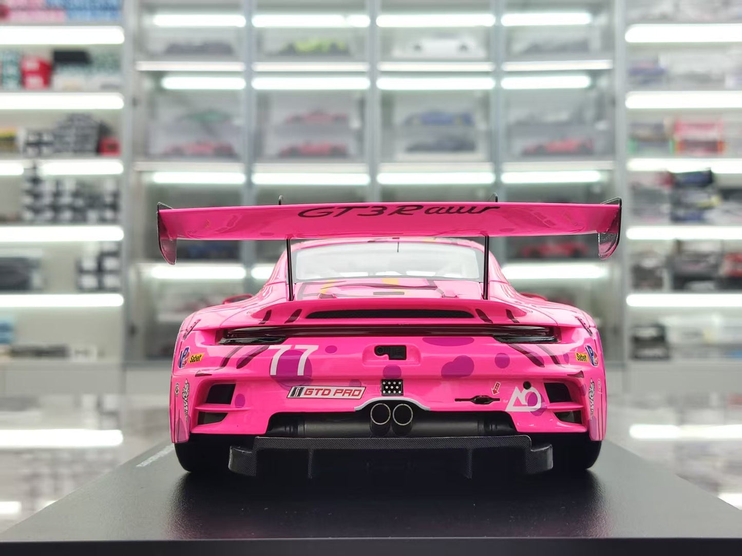Topspeed 1/18 Porsche 911 GT3 R #77 AO Racing 2024 IMSA Road America, Pink Dinosaur Livery, TS0617