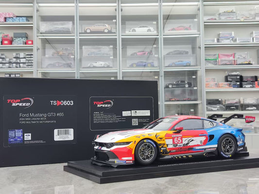 Topspeed 1/18 Ford Mustang GT3 #65 Ford Multimatic Motorsports 2024 White/Blue/Red Livery TS0603