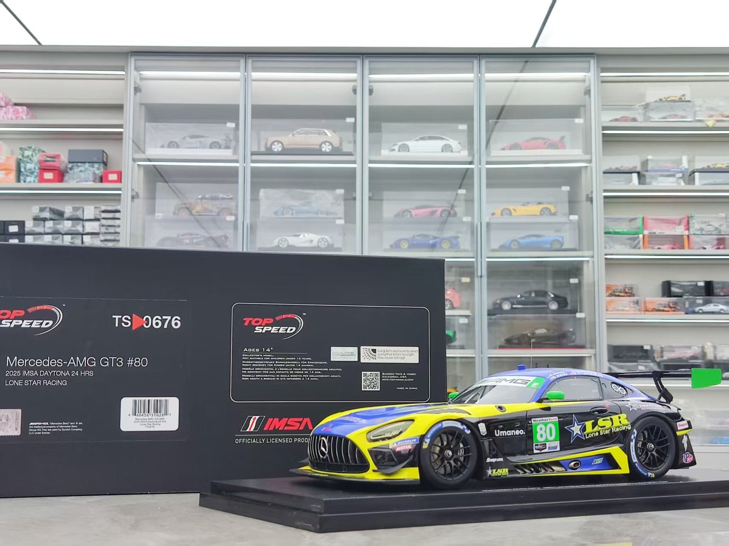 Topspeed 1/18 Mercedes-AMG GT3 EVO #80 Lone Star Racing Blue and Yellow Livery TS0676