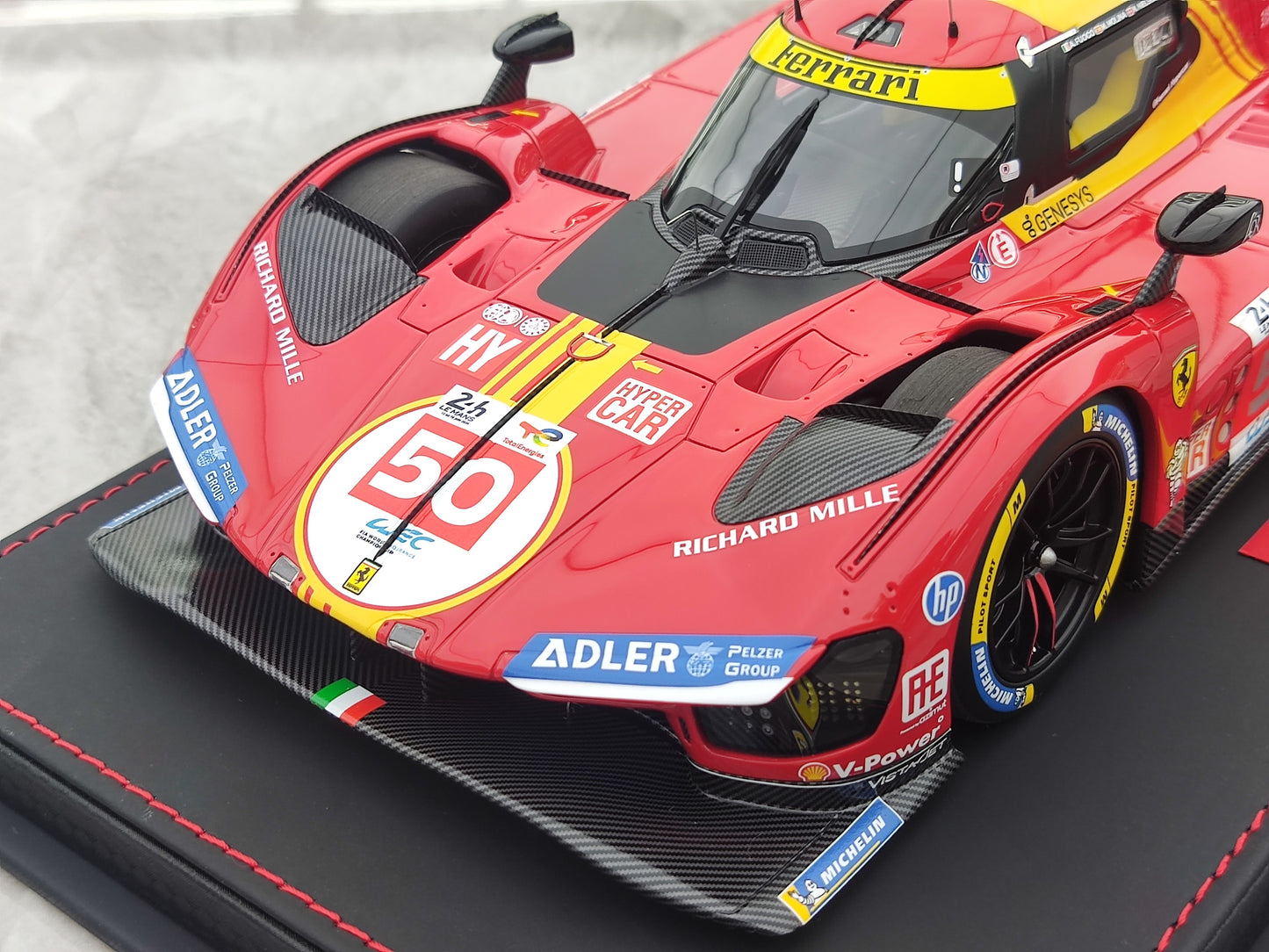 BBR 1/18 Ferrari 499P Car N.50 Winner Le Mans - Leather Base, Red-Yellow Paint Scheme, Limited Edition Car Model P18252A