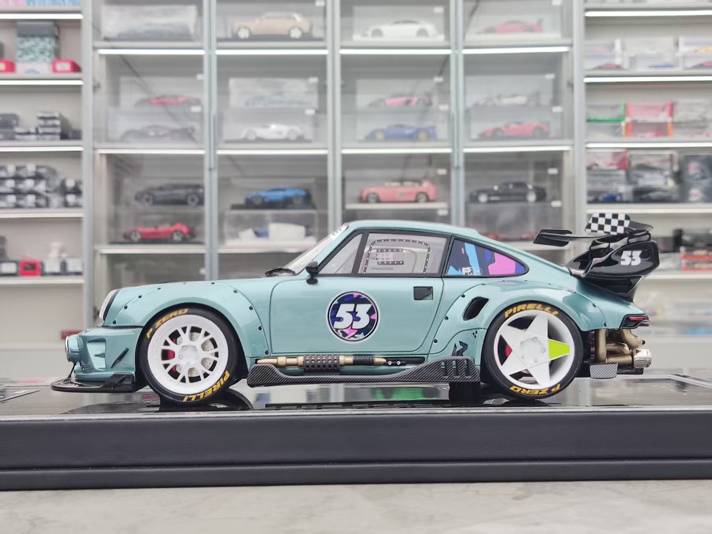 MCM 1/18 Porsche RWB 964 heavily modified, blue and cyan limited edition car model MCM021