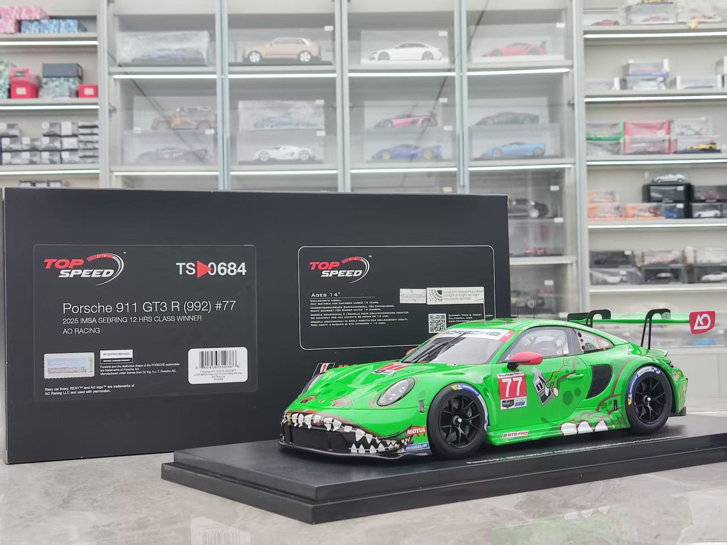 TopSpeed 1/18 Porsche 911 GT3 R (992) #77 AO Racing Green Dinosaur TS0684