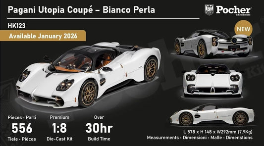 Pocher 1/8 HK123 Pagani Utopia - Bianca Perla Pearl White with Black Carbon Fiber Pattern on Roof, Paint Finish