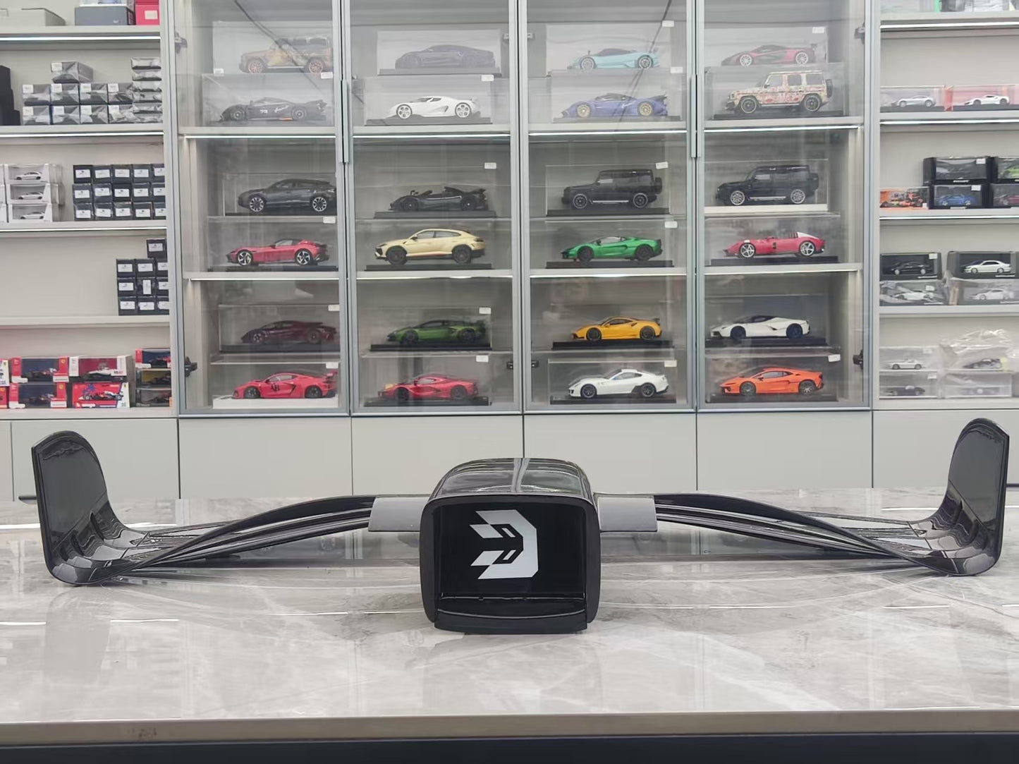 Downforce 1/3 Formula One front wing, handcrafted resin, decorative piece, wall-mountable, carbon fiber, nude finish, can be customized with stickers.