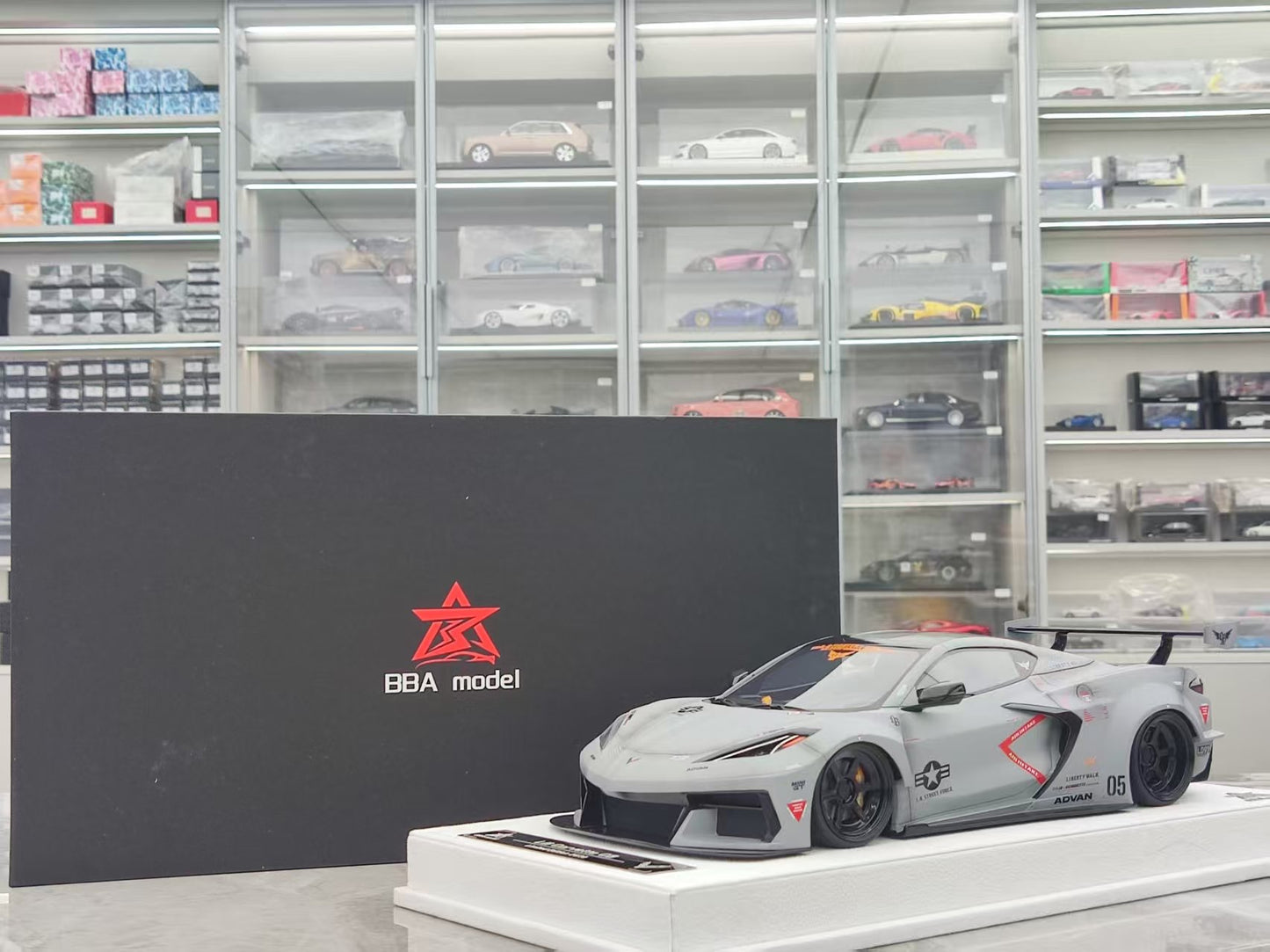 BBA MODEL 1/18 Scale Corvette C8 LB Widebody Modified, Battle Gray Weathered Finish, New Version BBA033
