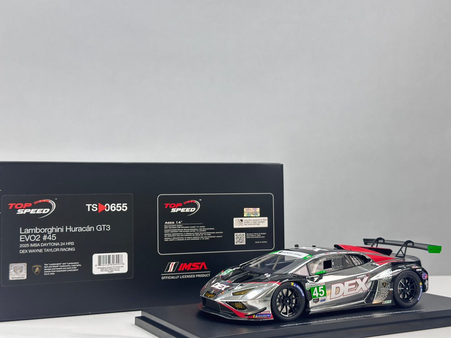 Topspeed 1/18 Lamborghini Huracán GT3 EVO2 #45 DEX Wayne Taylor Racing Silver/Black Livery TS0655