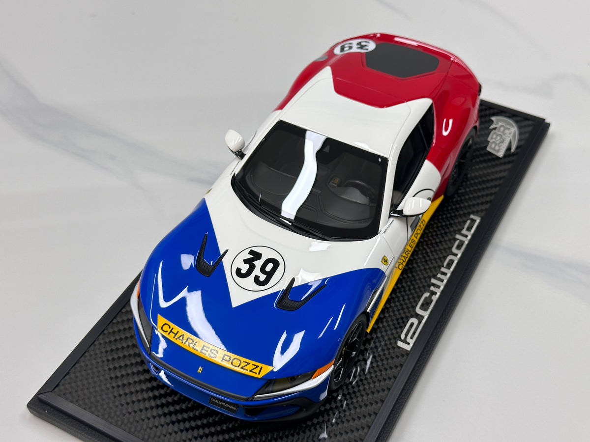 BBR 1/18 Ferrari 12Cilindri Coupé (Special Edition) with Luggage Set – Red/White/Blue – P18248LMST