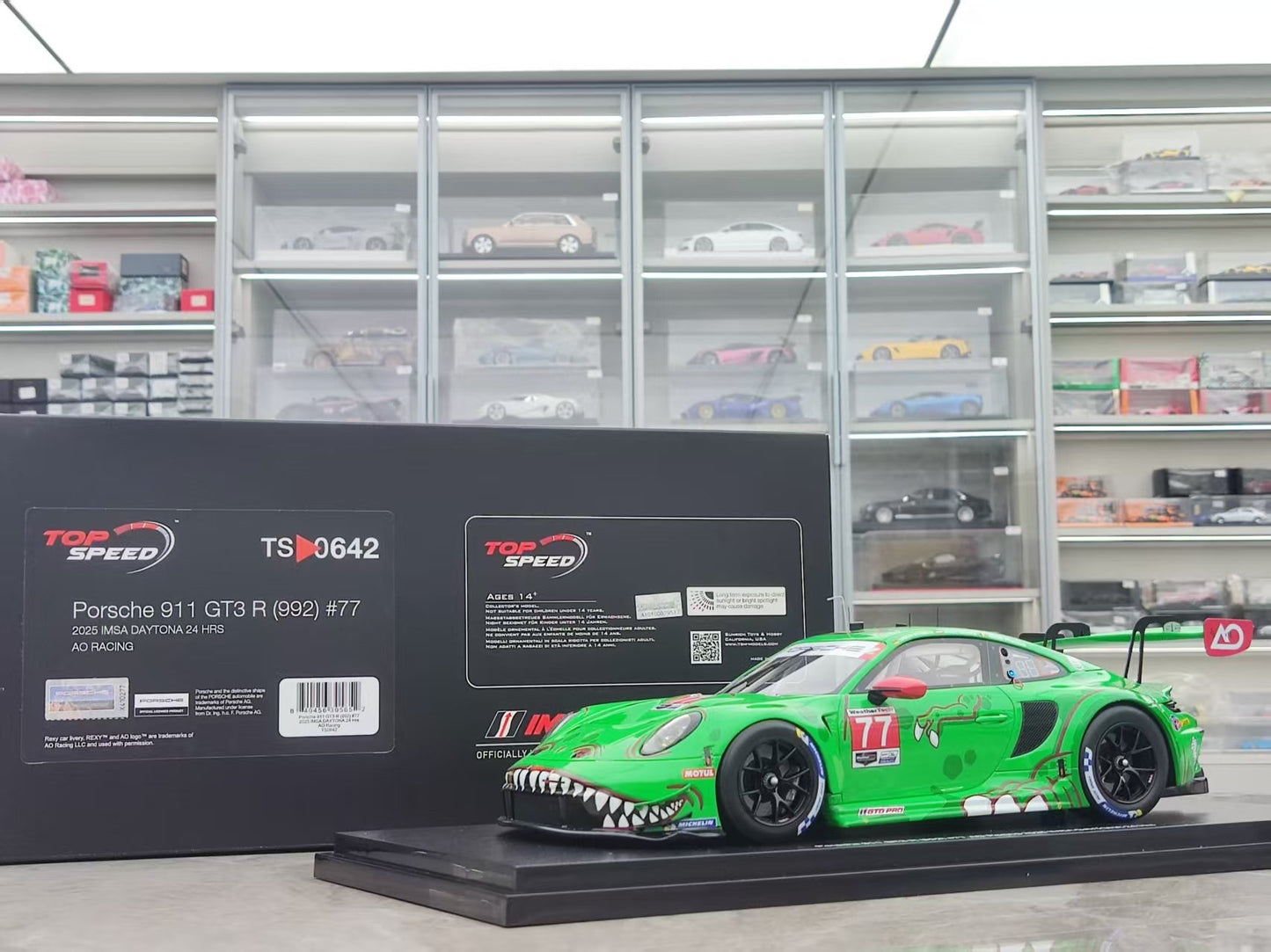 Topspeed 1/18 Porsche 911 GT3 R (992) #77 AO Racing 2025 Green Dinosaur TS0642