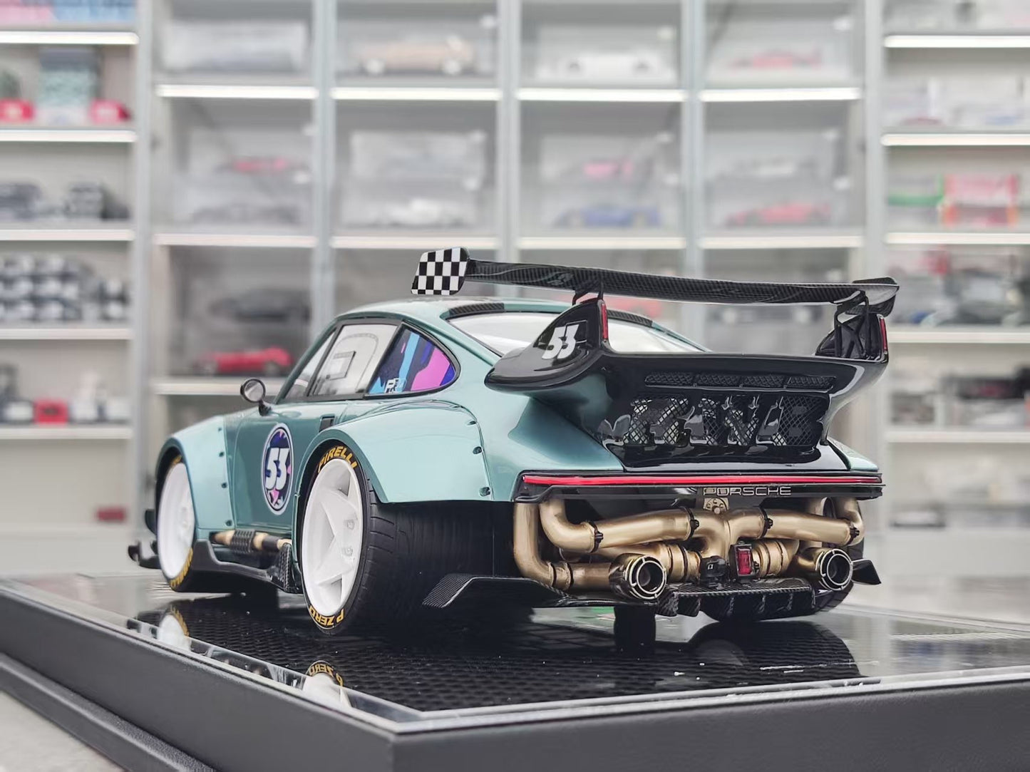 MCM 1/18 Porsche RWB 964 heavily modified, blue and cyan limited edition car model MCM021