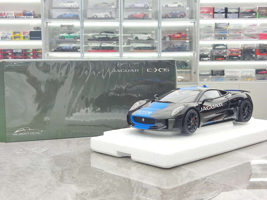 Almost Real 1/18 Jaguar C-X75 – Negro Metálico con Rayas Azul Claro (810603)